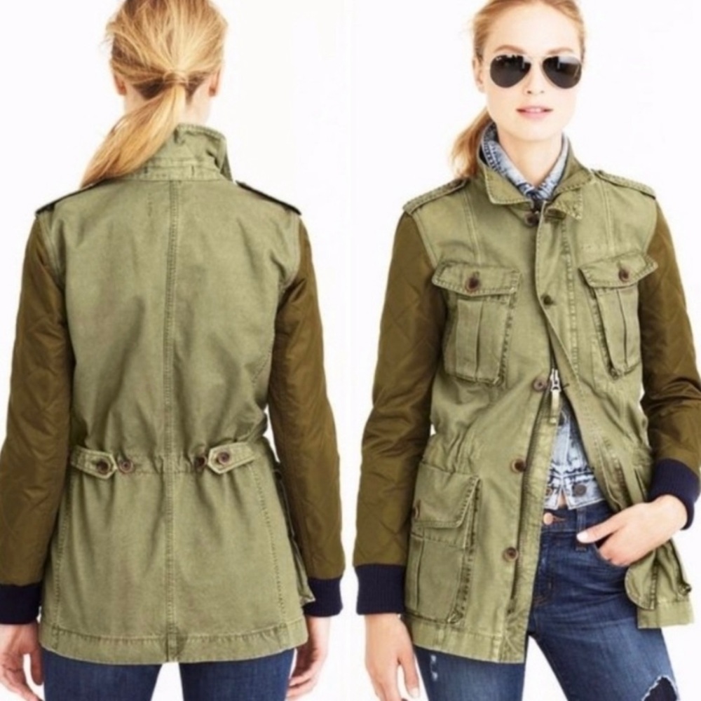 NWOT J Crew military army green utility jacket quilted sleeve drawstring fitted